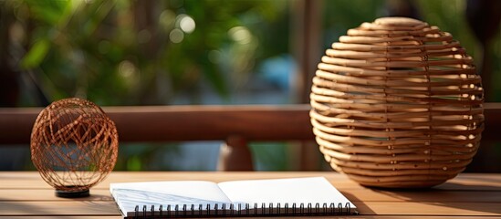 Image of a blank spiral notebook placed on a table with a wooden frame and a wicker ball nearby. Copy space image. Place for adding text and design