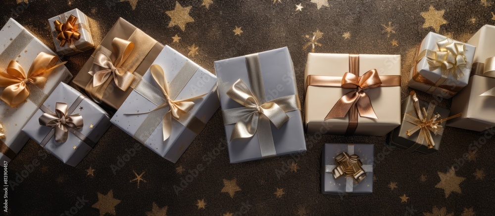 Poster there is a top down view of christmas gift boxes placed on a background of gold and silver the image