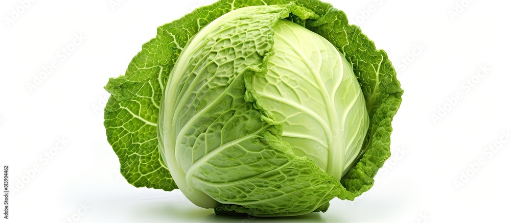 Poster a green cabbage is seen in this isolated copy space image set against a clean white background with 