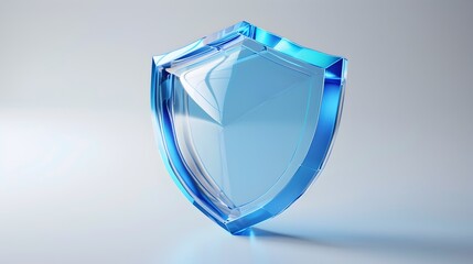 Shield Isometric Icon in Frosted Blue Glass and White Acrylic on Transparent Technical Background