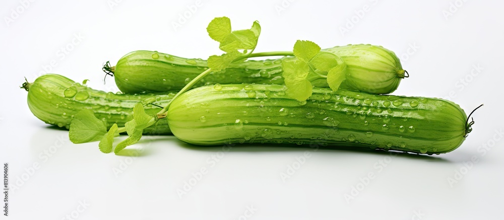 Poster bitter melon or bitter gourd herbal juice showcased on a white background with a vacant area for tex