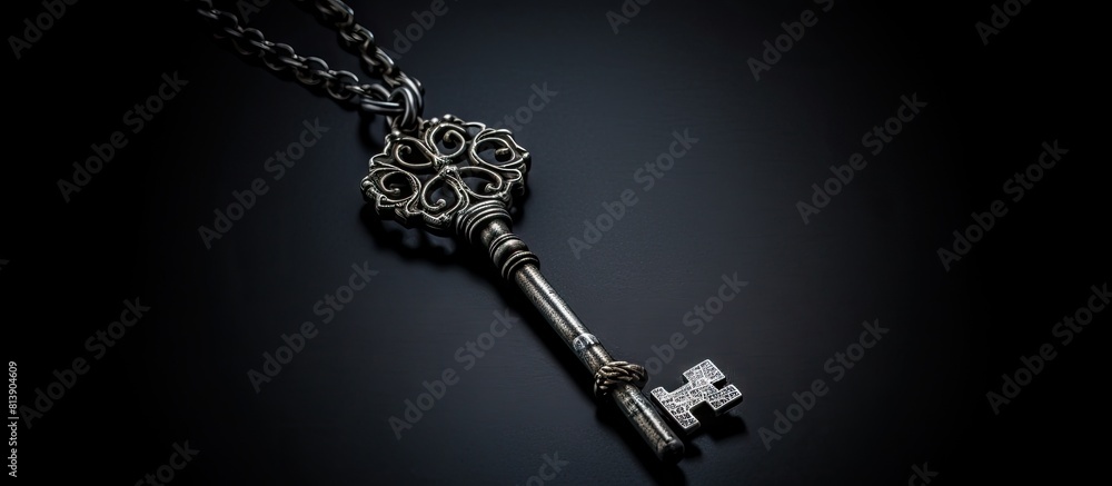 Poster on a grey background there is a metal key attached to a chain and pendant with copy space available