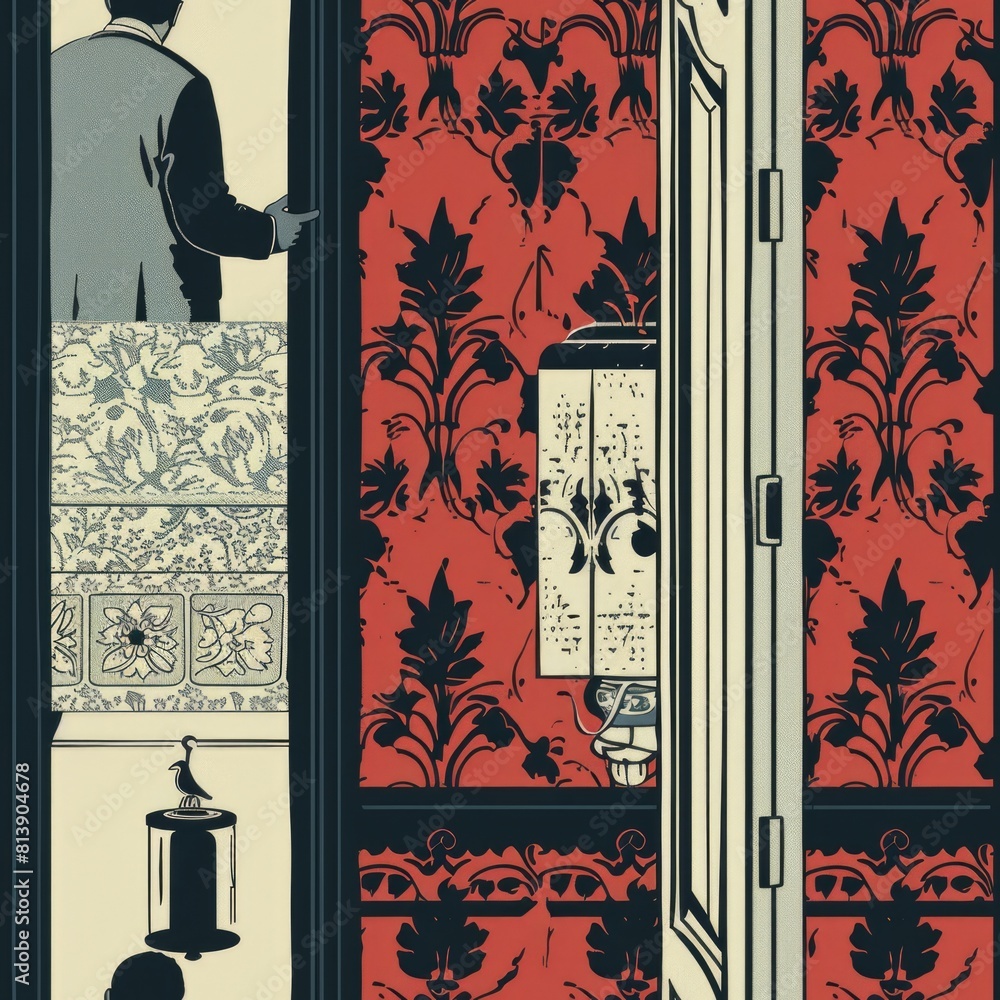 Poster a man standing in front of a window with a phone in his hand. suitable for technology and communicat