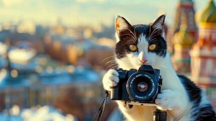 A rotund black and white cat with a camera, capturing candid moments with artistic flair in a bustling cityscape, its keen eyes focused on the vibrant energy of urban life.