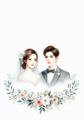 Korean couple in watercolor with flower ornaments, isolated on a white background with copy space to add text - Asian couple in floral design for wedding cards