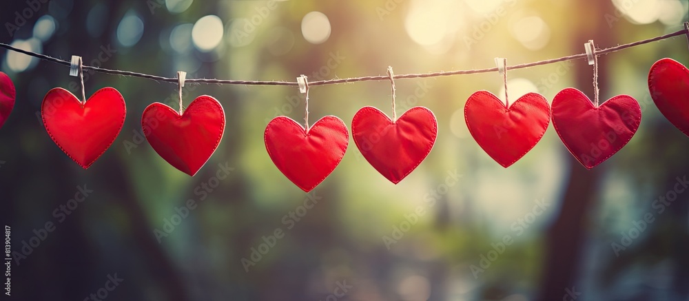 Poster the retro effect adds a classic touch to the image of red paper hearts hanging on a natural backgrou
