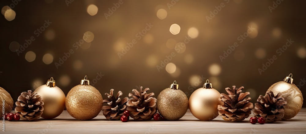 Poster christmas ornaments like pine cones and balls can be seen in the image with an empty space for text.