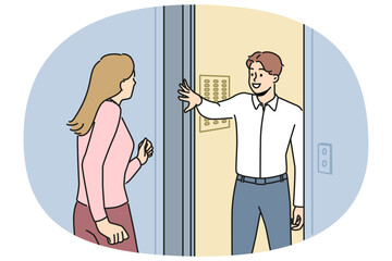 Smiling man holding lift doors to neighbor. Happy male hold elevator to woman neighbour. Vector illustration.