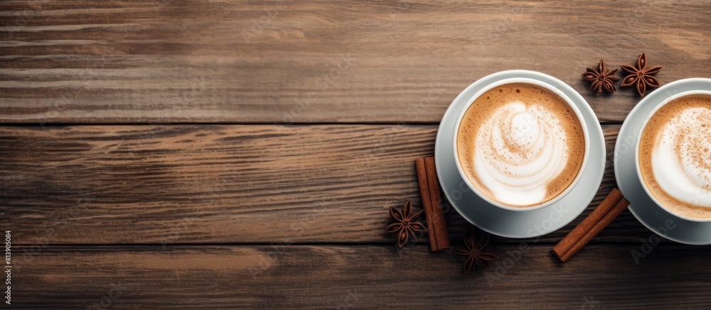 Poster on a wooden table there is a cup of hot drink topped with aromatic cinnamon and whipped cream creati