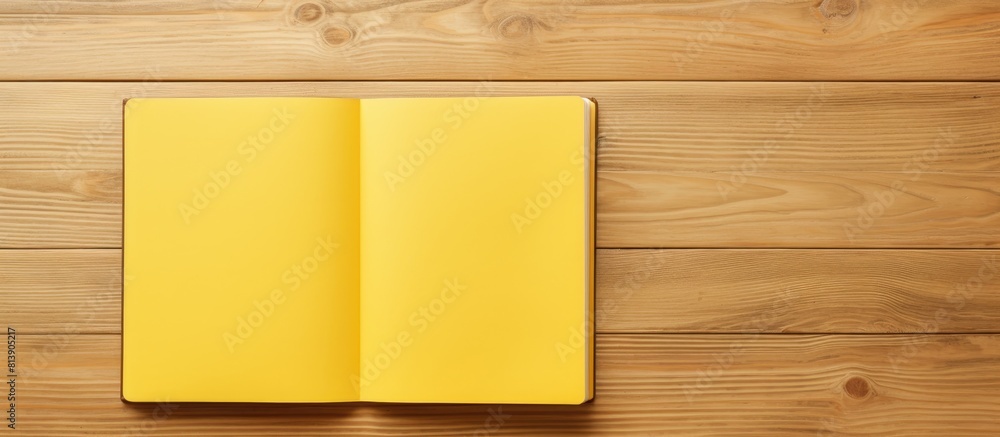 Aufkleber on a wooden desk there is a yellow notebook that provides ample space for your text or image