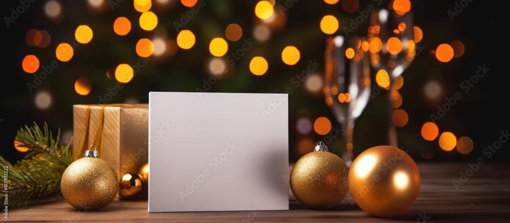Poster a festive new year greeting card is displayed on a wooden table adorned with decorations and a chris