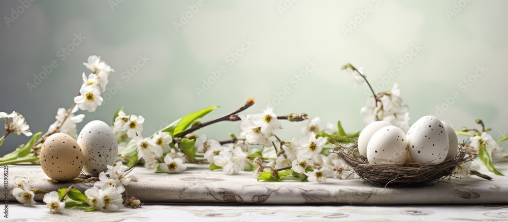 Poster bright background with easter table setting featuring quail eggs and blossoming branches ideal for a