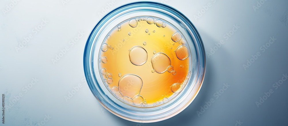 Poster top view of a petri dish containing a liquid sample placed against a light background ample space av