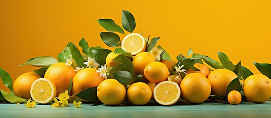 A vibrant citrus arrangement featuring lemon and mandarin fruits with a copy space image