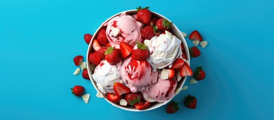 Copy space image of a bowl of ice cream topped with strawberry slices seen from a bird s eye view against a bluish background