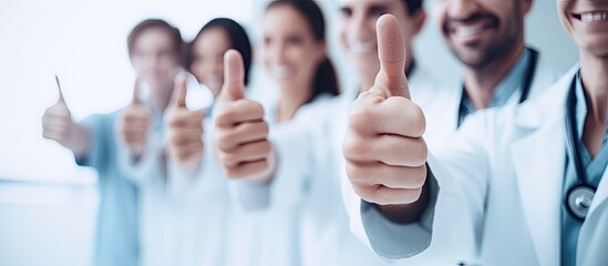 In the hospital doctors and patients express their joy and appreciation posing with a thumbs up gesture in front of a copy space image