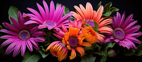A vibrant surreal image of blooming violet orange and pink cape daisies with green leaves and buds on a black background resembling a vintage painting Copy space image