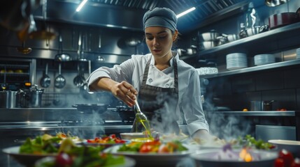 A female cook works in a large modern kitchen preparing salads and adding oil.