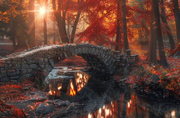 This enchanting autumn scene captures a stone bridge arching over a tranquil creek, surrounded by a forest bathed in golden sunlight and vibrant red foliage.