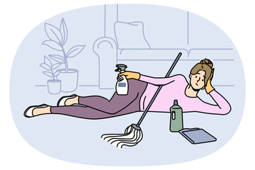 Tired housewife lying on home floor exhausted with cleaning and washing. Lazy woman relax on carpet procrastinate during clean day. Chores and household. Vector illustration.