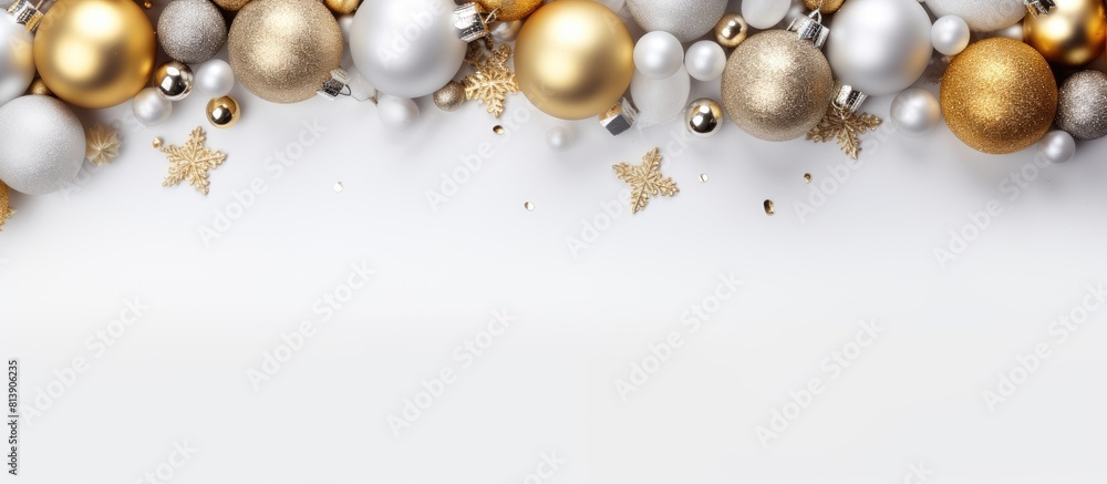 Poster a top view snapshot of golden and silver christmas items against a white background providing ample 