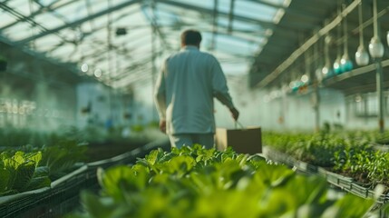 A farmer walks with a box of vegetables through rows of growing plants in a big bright industrial greenhouse.