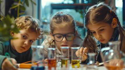 Two boys and two girls watching popular videos on their smartphones while working on a science class project at school.