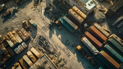Aerial view of a warehouse loading area where many trucks are loading merchandise.
