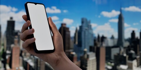 Smartphone with blank screen over cityscape, ideal for urban tech promotions