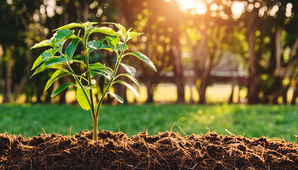 small tree growing with sunshine in garden