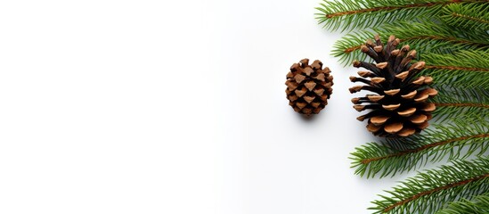 A top view of a Christmas background featuring a solitary fir tree with a cone The image offers plenty of copy space against a white background