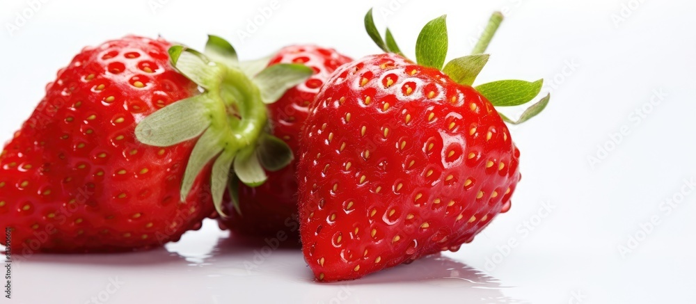 Poster a macro close up of fresh strawberries isolated on a white background with ample space for copying o