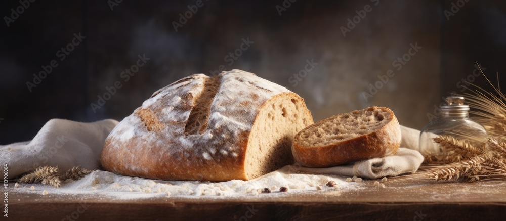 Poster a rustic loaf of homemade sourdough bread made with rye flour freshly harvested rye grains using a r