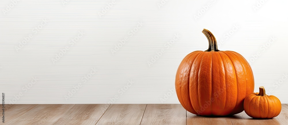 Poster a halloween pumpkin sits on a wooden table with a white background and ample copy space for an image