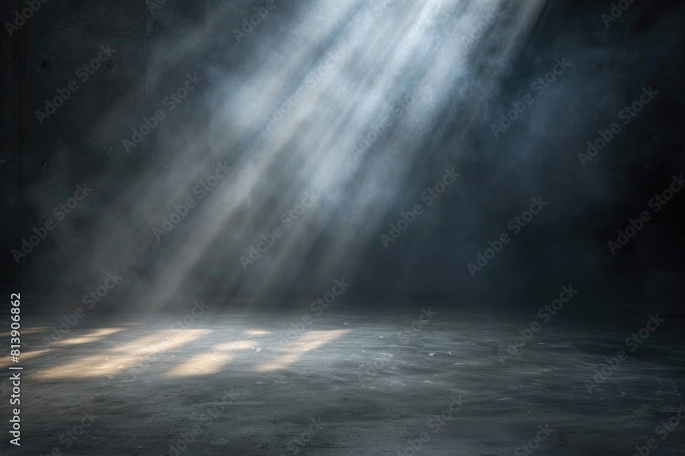 Poster a mysterious dark room with a single source of light shining from the ceiling. perfect for illustrat