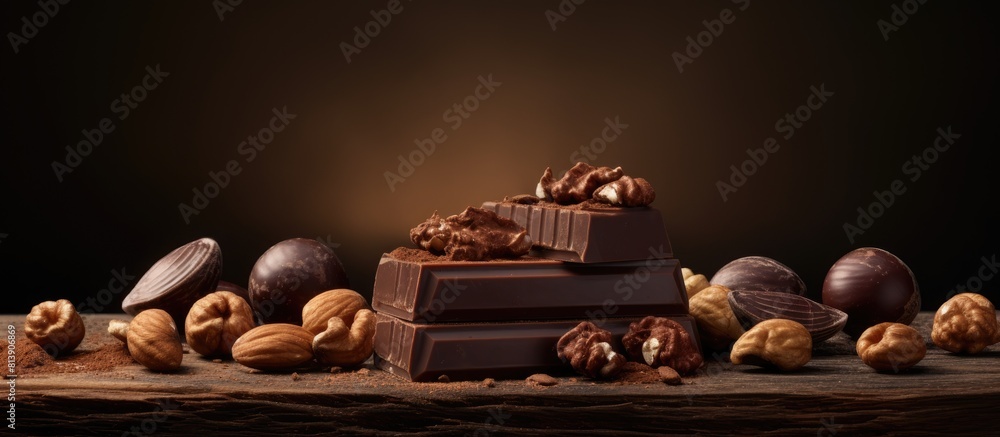 Poster dark copy space image featuring a chocolate bar adorned with peanuts and walnut standing out on the 