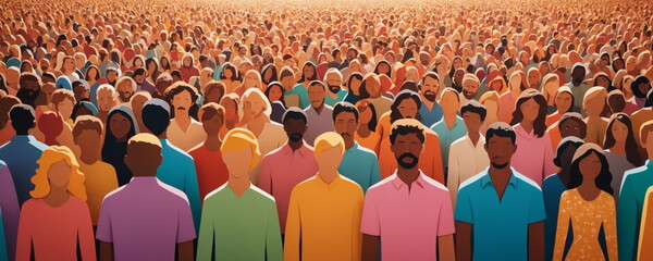 A sea of colorful, faceless figures representing a large crowd gathered together at an outdoor setting, possibly symbolizing diversity or unity in a group