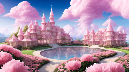 Dawn bathes a grand pink castle and nearby trees in soft light, creating an enchanting scene