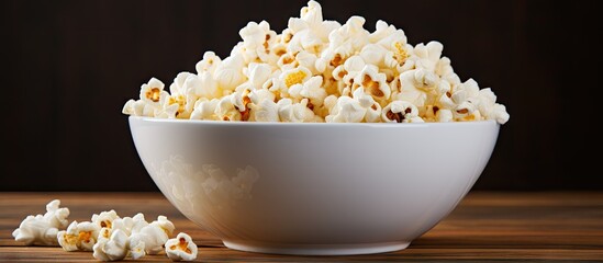 A white bowl filled with organic popcorn close up captured in a horizontal composition providing ample copy space for text
