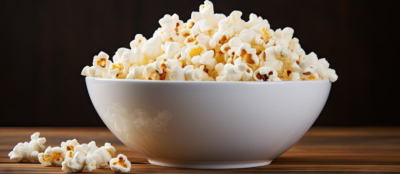 A white bowl filled with organic popcorn close up captured in a horizontal composition providing ample copy space for text