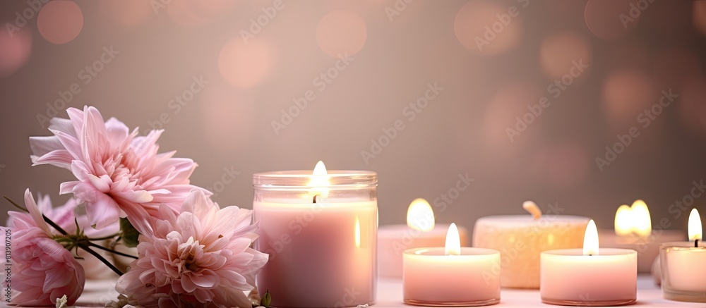 Canvas Prints A soothing spa setup featuring flowers and lit candles against a bright backdrop perfect for use as a copy space image