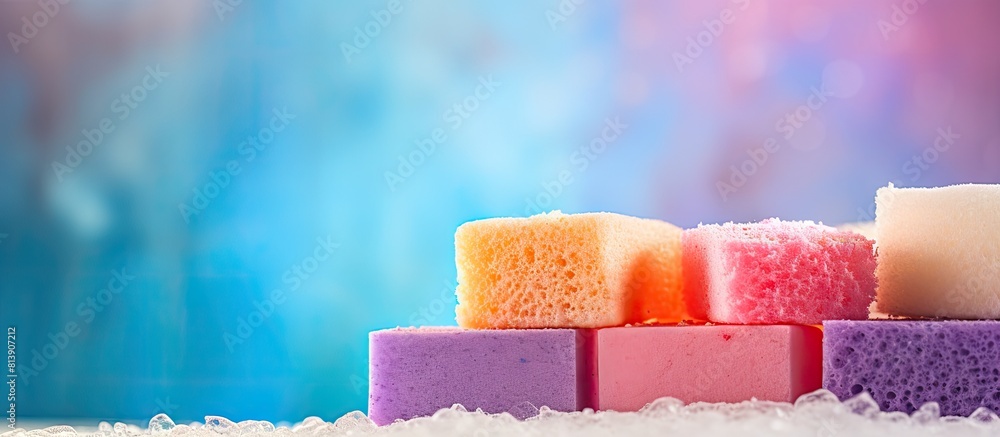 Aufkleber colorful background with bath sponges in a spa setting providing a copy space image