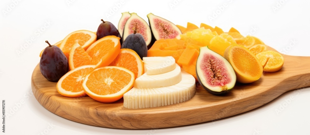 Poster a selection of sliced mango persimmon and figs arranged on a wooden platter against a white backgrou