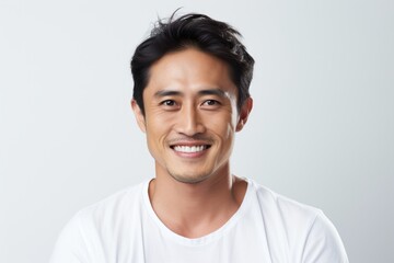 Obraz premium Portrait of a tender asian man in his 30s smiling at the camera isolated in white background