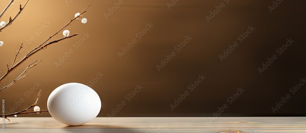 Poster a white egg resting on a wooden table alongside a willow branch creating a peaceful and rustic scene