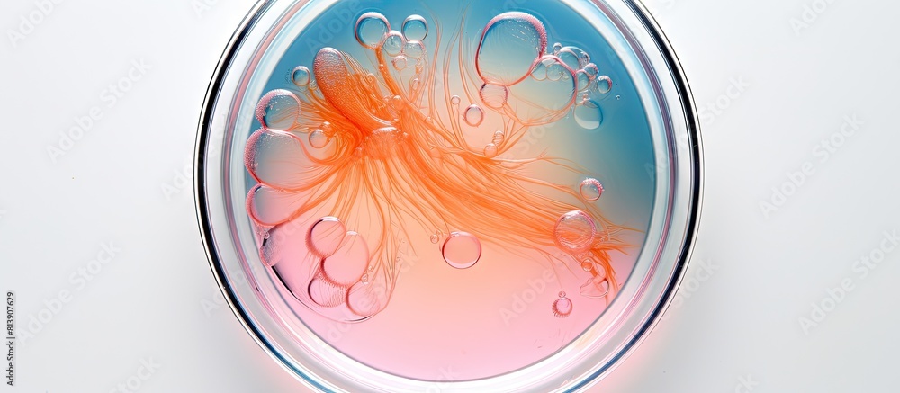 Poster top view of a petri dish containing a liquid sample placed against a light background ample space av