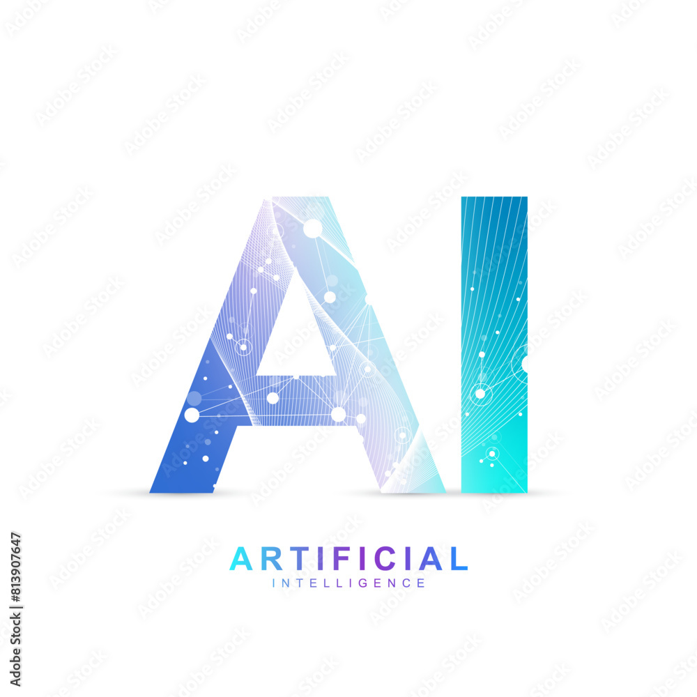 Poster AI Banner Concept In The Digital Style. Generative Ideas Design Element For Internet Technology. Futuristic Technology Concept Artificial Intelligence.