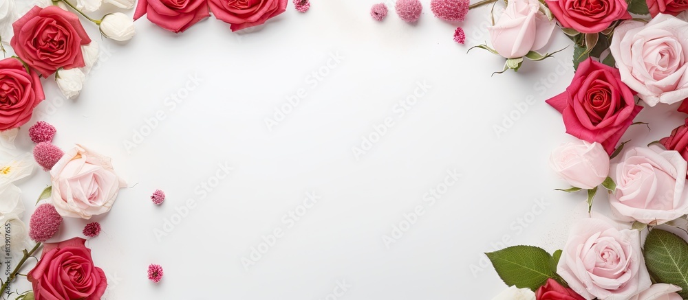 Aufkleber top view of a white background with a floral roses composition on a mock up invitation paper card pr