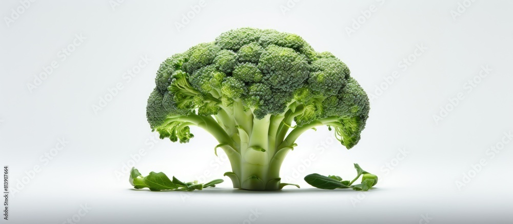 Poster a solitary image of broccoli set against a blank white background leaving room for other content. co