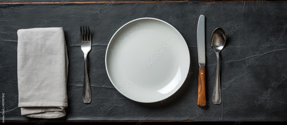 Poster A top down view of a table set with a white plate cutlery and napkin on a dark stone surface The image is ideal for menu backgrounds text layouts or recipe backgrounds Plenty of copy space available